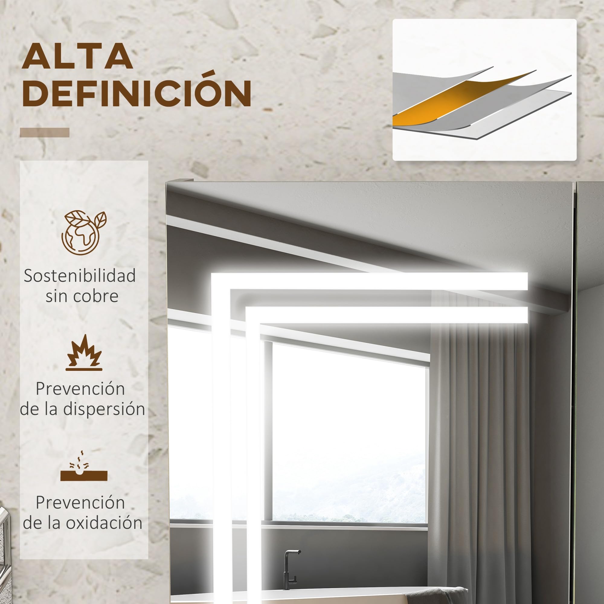 kleankin Armario de Baño con Espejo LED 80x15x65 cm Blanco Brillante | Camerino de Baño, Color de Luz Ajustable, 2 Puertas, Estantes Ajustables, Interruptor Táctil