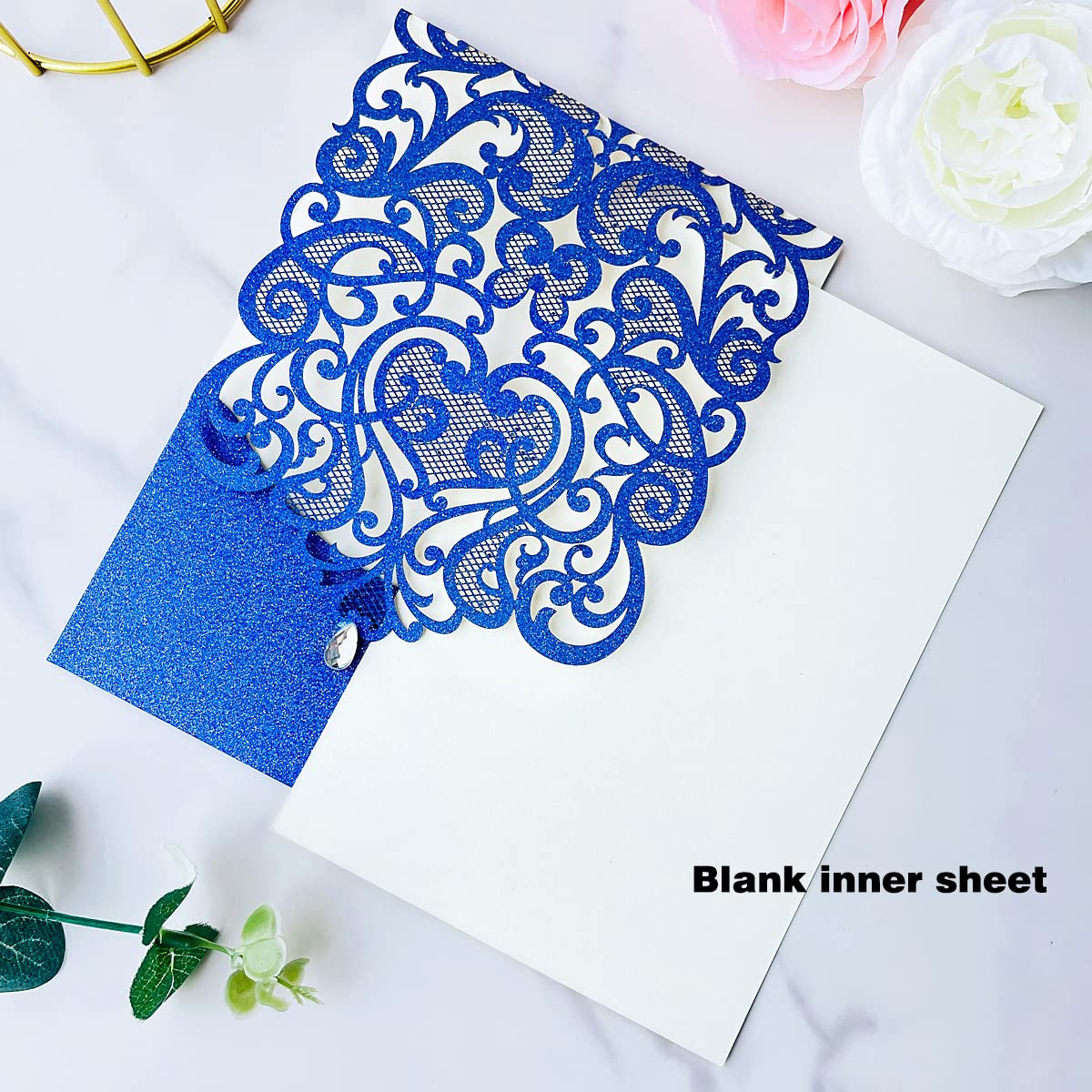 Hosmsua 20x Blu biglietti di invito nozze con busta, taglio laser inviti cuore fiore cavo con strass per matrimonio compleanno anniversario invito di nozze (blu glitter)