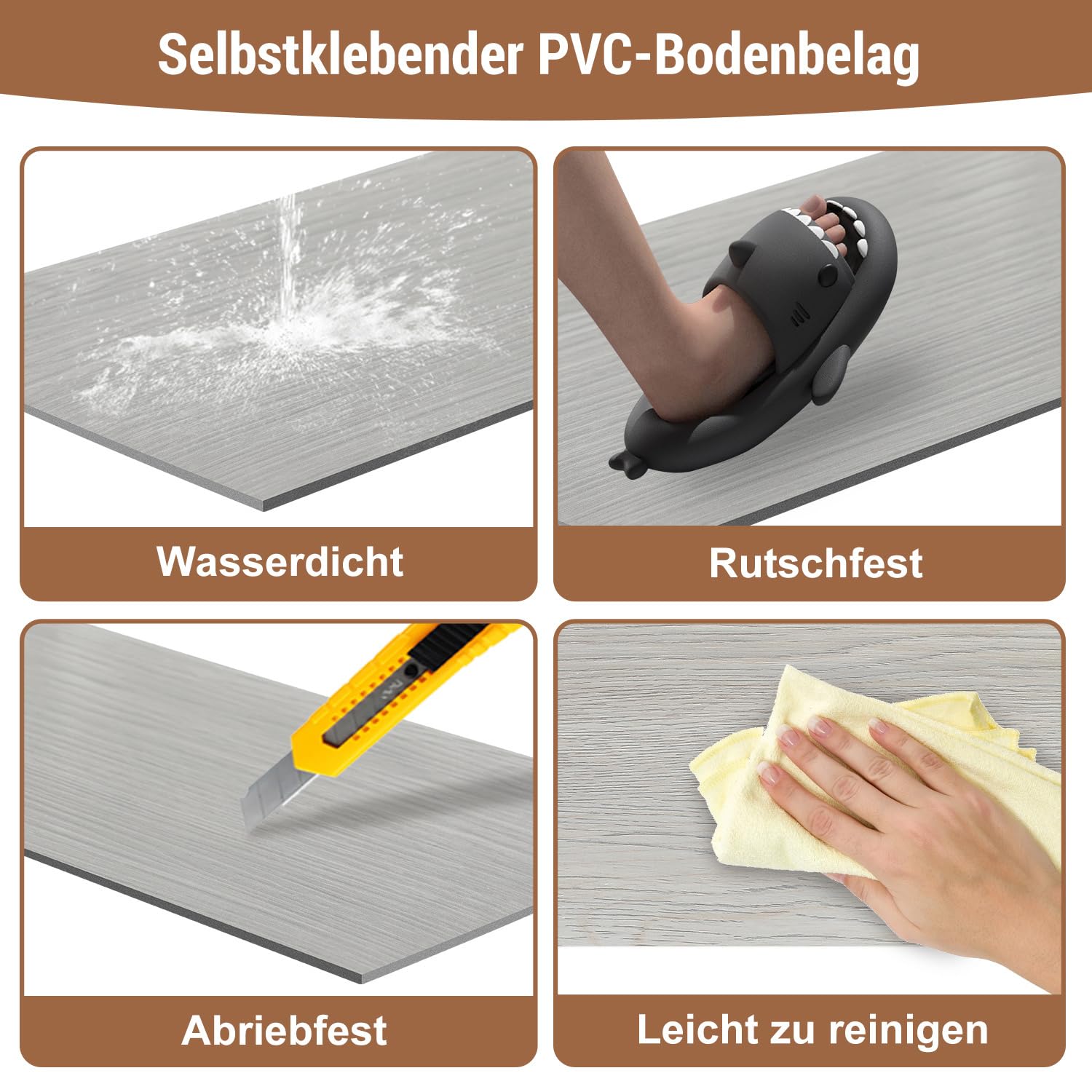 PVC Bodenbelag Selbstklebend, 90 Fliesen ca.12.5 m² Vinylboden Selbstklebend,Bodenfliesen 91.5x15.2cm Laminat Dielen Vinyl-Fliesen für Fußbodenheizung,Rutschfest Wasserfest,Rauchgrau