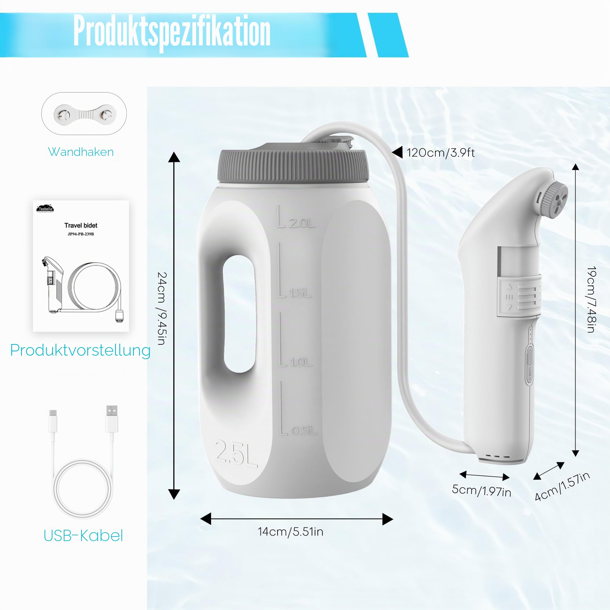 Bidet-Sprühgerät, tragbar, für Badezimmer, Bidet, tragbar, elektrisch, für Reisen, Hygiene von Intimbereichen, mit 2,5 l Tank für Auto, Badezimmer, Toilette, Camping, Schwarz