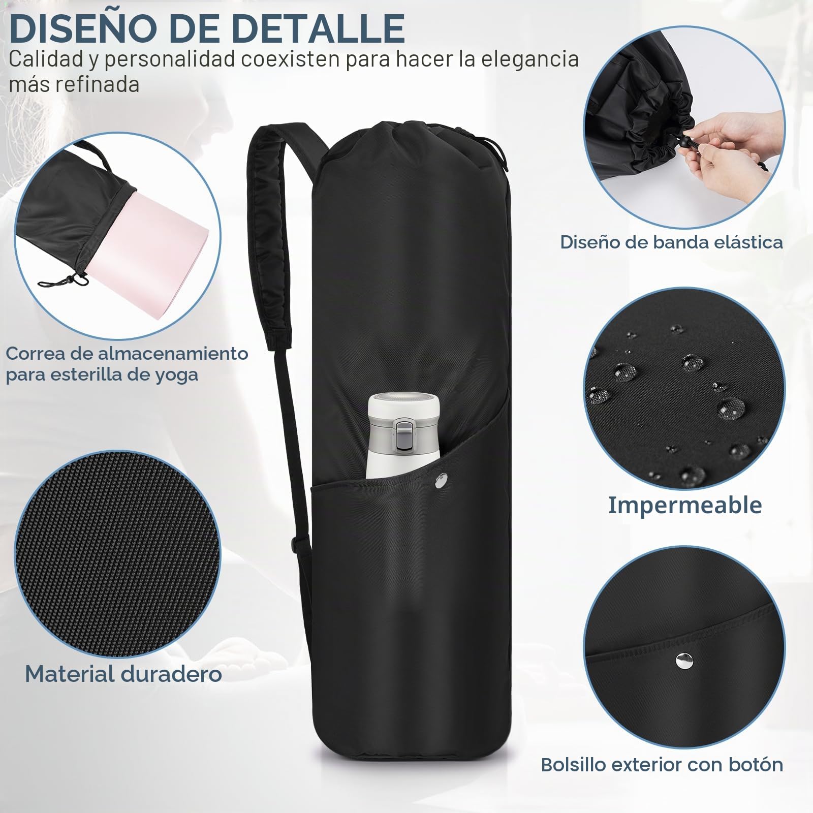 AKOZLIN Bolsa para esterilla de yoga con bolsillos de almacenamiento multifuncionales, bolsa de transporte impermeable con correa ajustable y para gimnasio, clase, viajes