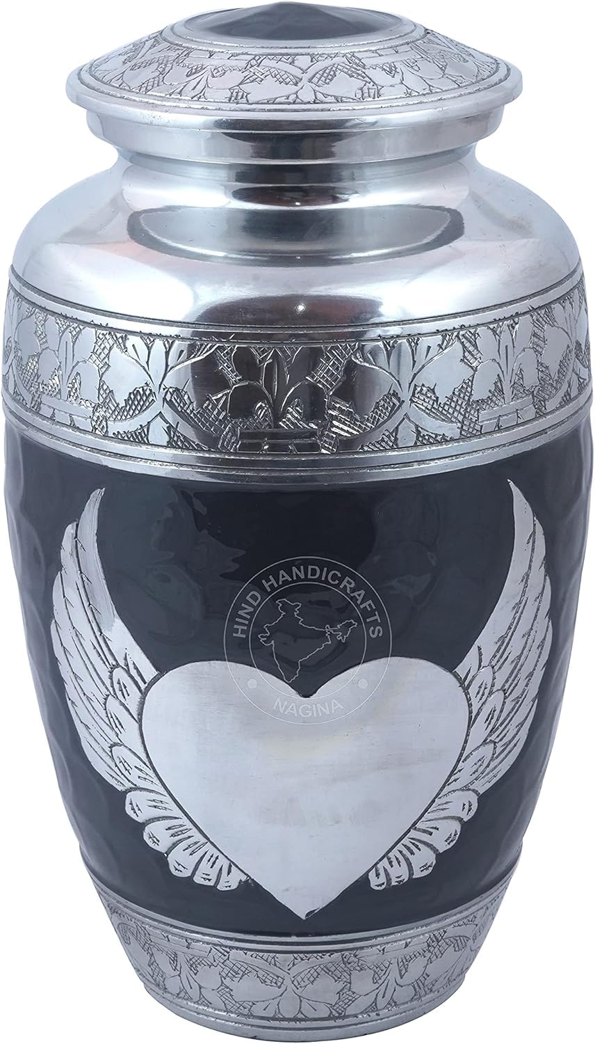 Hind Handicrafts Angel Wing Heart Cremation Urns for Human Ashes | Silver Engraved Decorative Urn with Velvet Bag | Memorial Funeral Urn for Adult Men & Women (6.5" x 6.5" x 10.5")