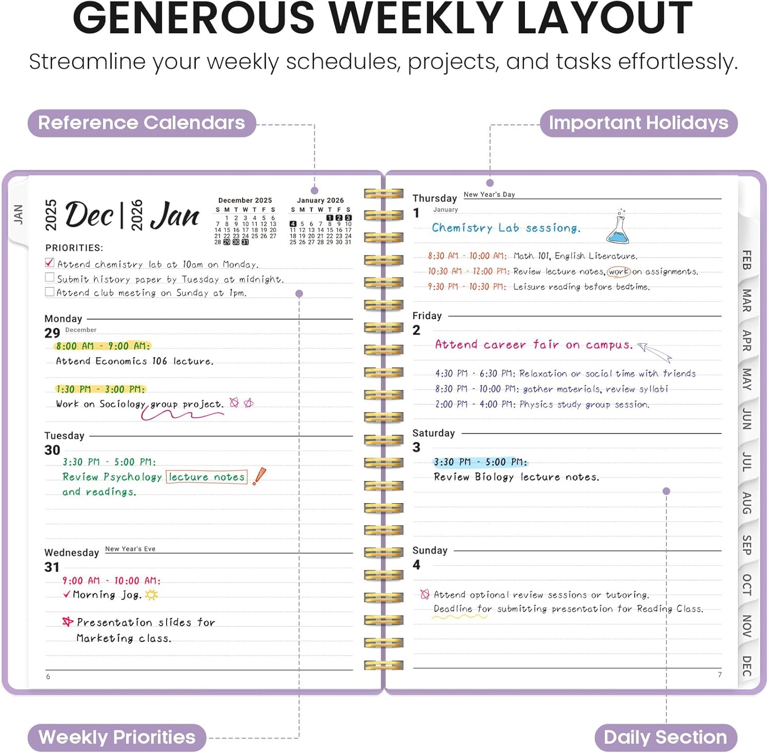 2026 Planner, Weekly and Monthly Calender Planner, Jan 2026 to Dec 2026, Hardcover 2026 Calendar Book with Tabs & Inner Pocket, Office Home School Supplies for Women & Men - A4 (8.5" x 11"), Purple - Image 3