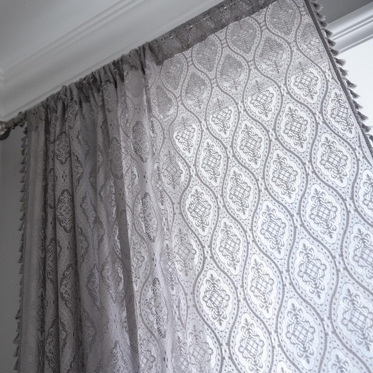 USTIDE Farmhouse Cotton Crochet Floral Lace Window Curtain Panel with Tassels Rod Pocket Semi Sheer Hollow Curtains for Bedroom Living Room 1 Panel (Grey,59"x71") - Image 2