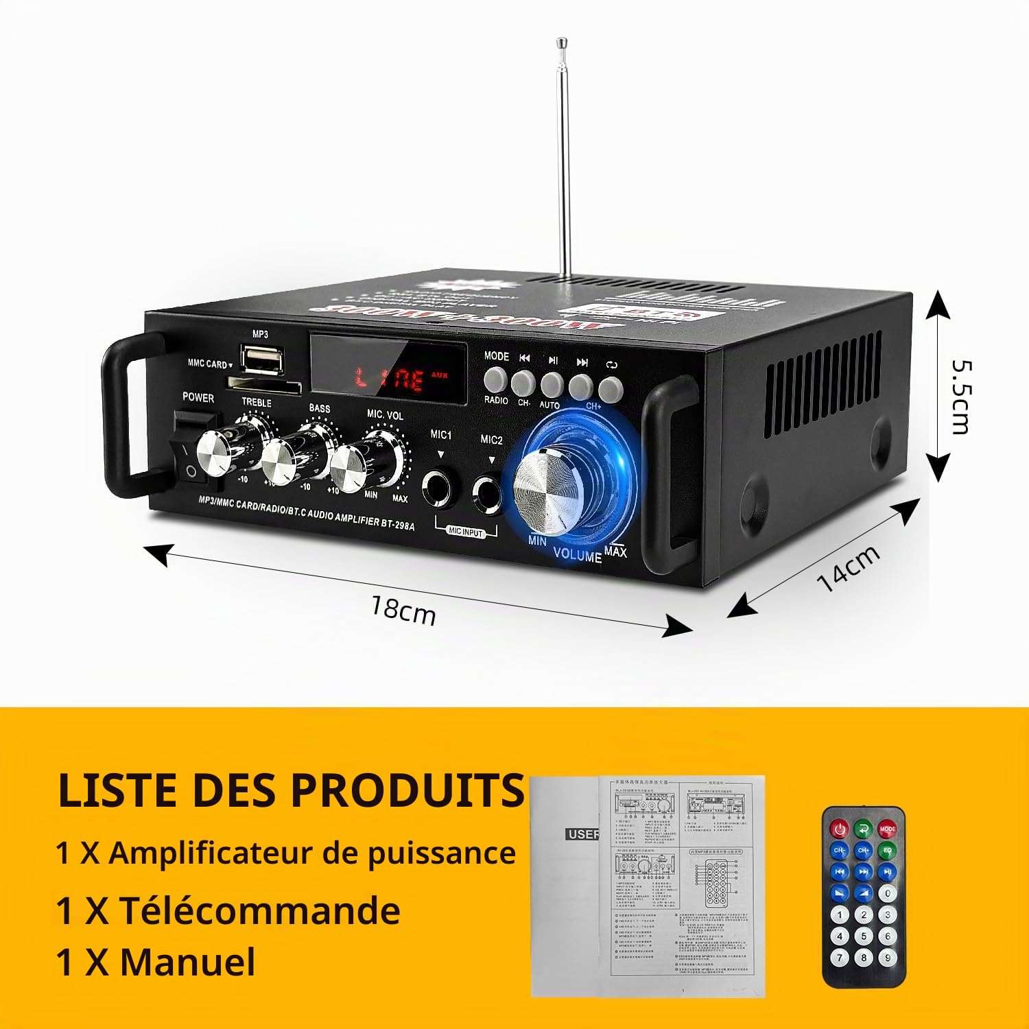 Amplificateur de puissance Bluetooth 5.0, 300 W + 300 W | Stereo Hi-Fi Digital Amp 2.0 Channel avec entrée USB/Bluetooth/FM, Mini Récepteur audio 12V / 220V pour Voiture et Maison
