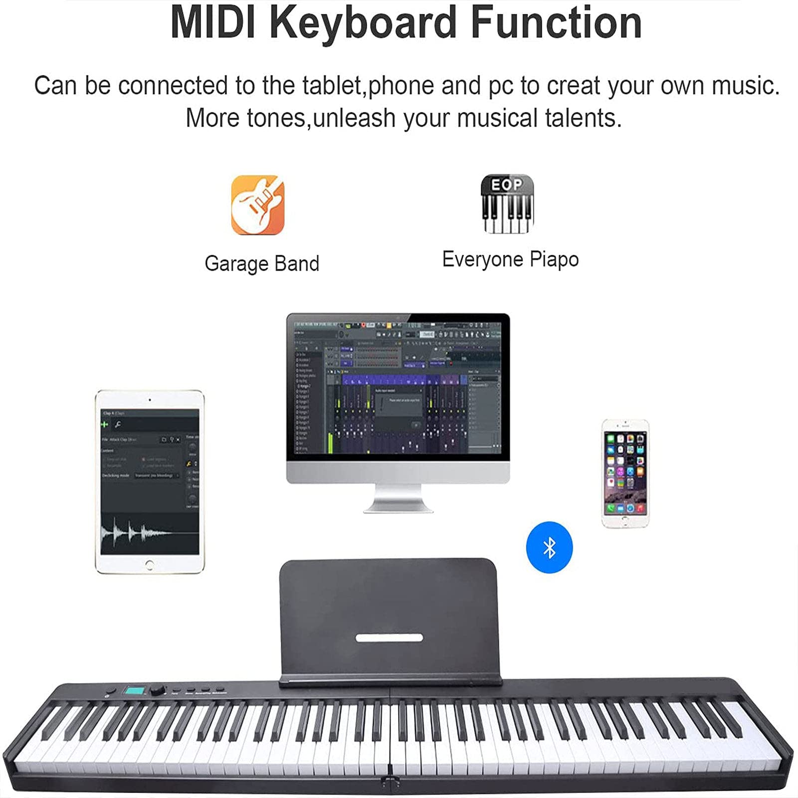 88 Piano Tastiera Pieghevole a Chiave, Piano elettronico Portatile, 128 ritmi per Pianoforte Digitale per Bambini Midi, Batteria Ricaricabile, Pianoforte Digitale Pieghevole per Principianti, Bambini