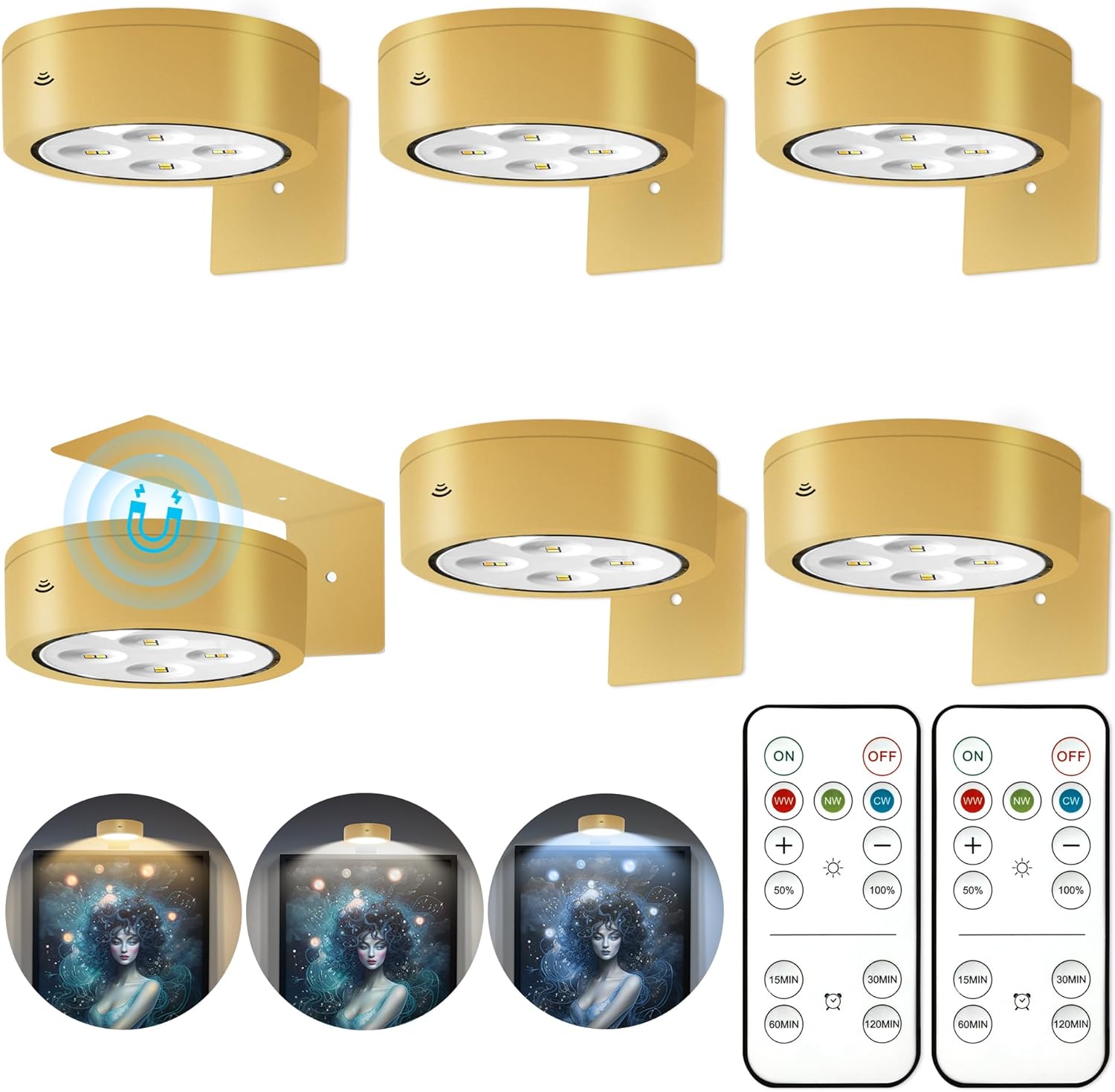 6Pcs Battery Operated Picture Light, Magnetic Led Painting Light with Remote Dimmable and Timer, 3 Lighting Modes Art Display Light for Picture Frame Paintings, Wireless Wall Decor Puck Lights, Gold Gold, Battery Operated 6 Pack