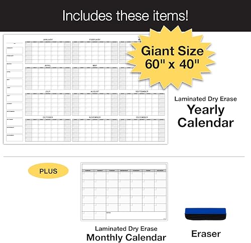 Miniatura 2 de Global Printed Products Agenda gigante anual de 40 x 60 pulgadas y 24 x 36 pulgadas, grande mensual de borrado en seco, para oficina, aula, hogar,