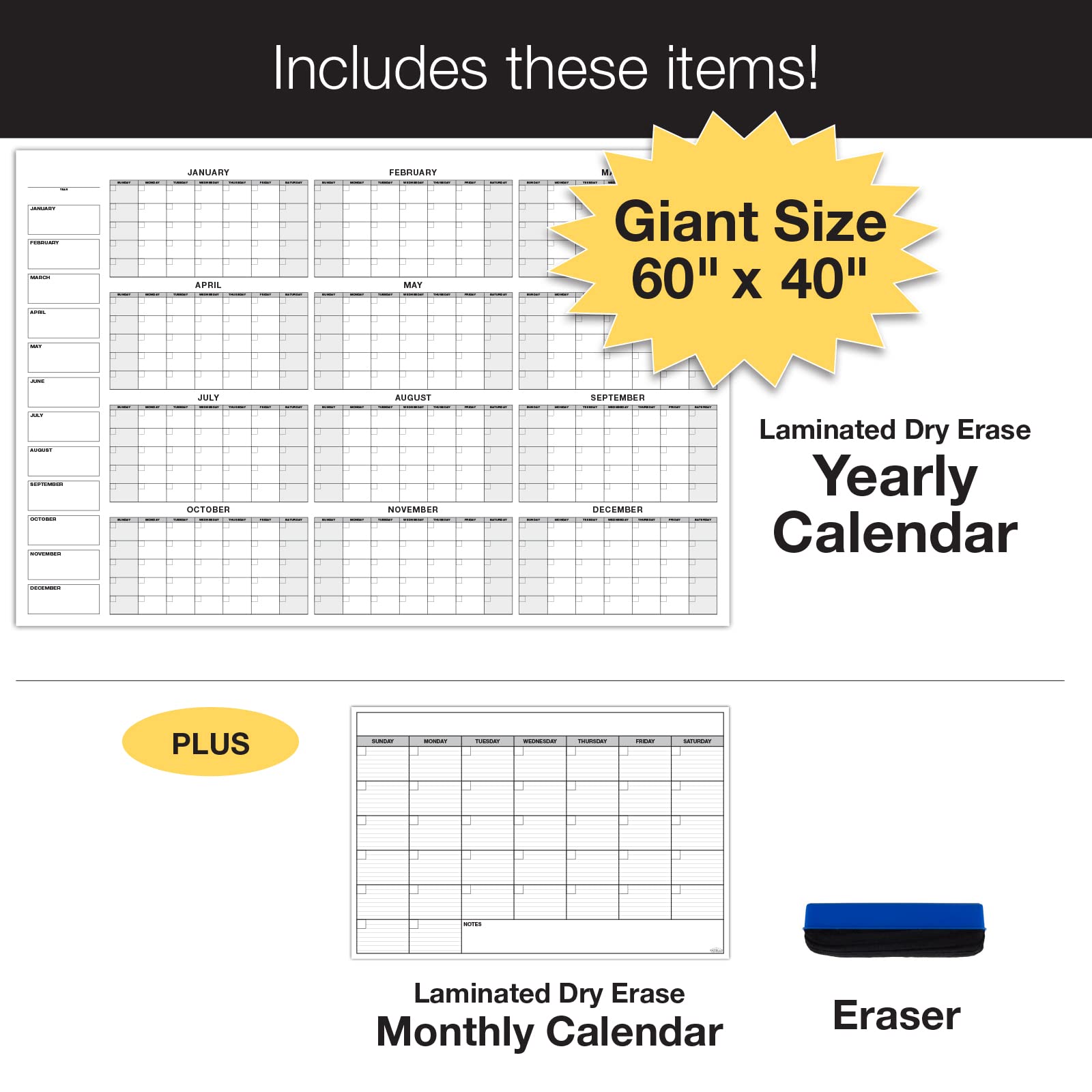 Riesiger trocken abwischbarer laminierter Kalender für die Wand, jährlich, monatlich, groß, löschbar, undatiert, Aufgaben-Organizer, Planer für Büro, Klassenzimmer, Zuhause, 40 x 60 cm und 24 x 36 cm,