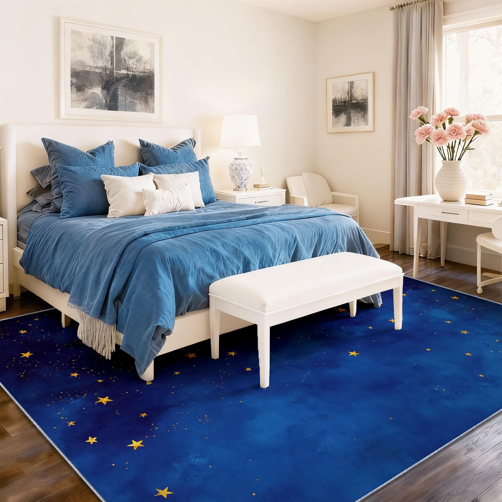Adapté aux Enfants et Animaux : Tapis de Chambre Aquarelle Minimaliste Lune Étoiles Lavable 90 x 150 cm Tapis de Sol en Flanelle Doux et Antidérapant Facile à Nettoyer pour Bureau et Couloir Bleu