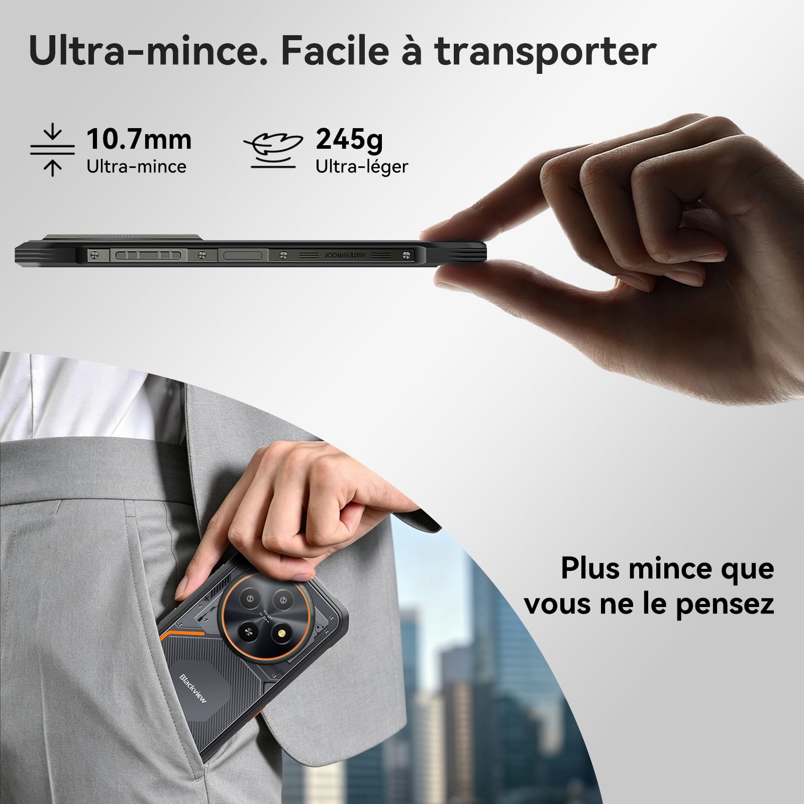 Blackview Téléphone Portable Incassable Android 16, 10.7mm/245g, 24GB+256GB/2TB Téléphone Incassable, Étanche IP69K, 6.56" HD+90Hz, 16MP + 13MP, 4G Dual SIM/NFC/Fingerprint/GPS/OTG/3 Ans Garantie