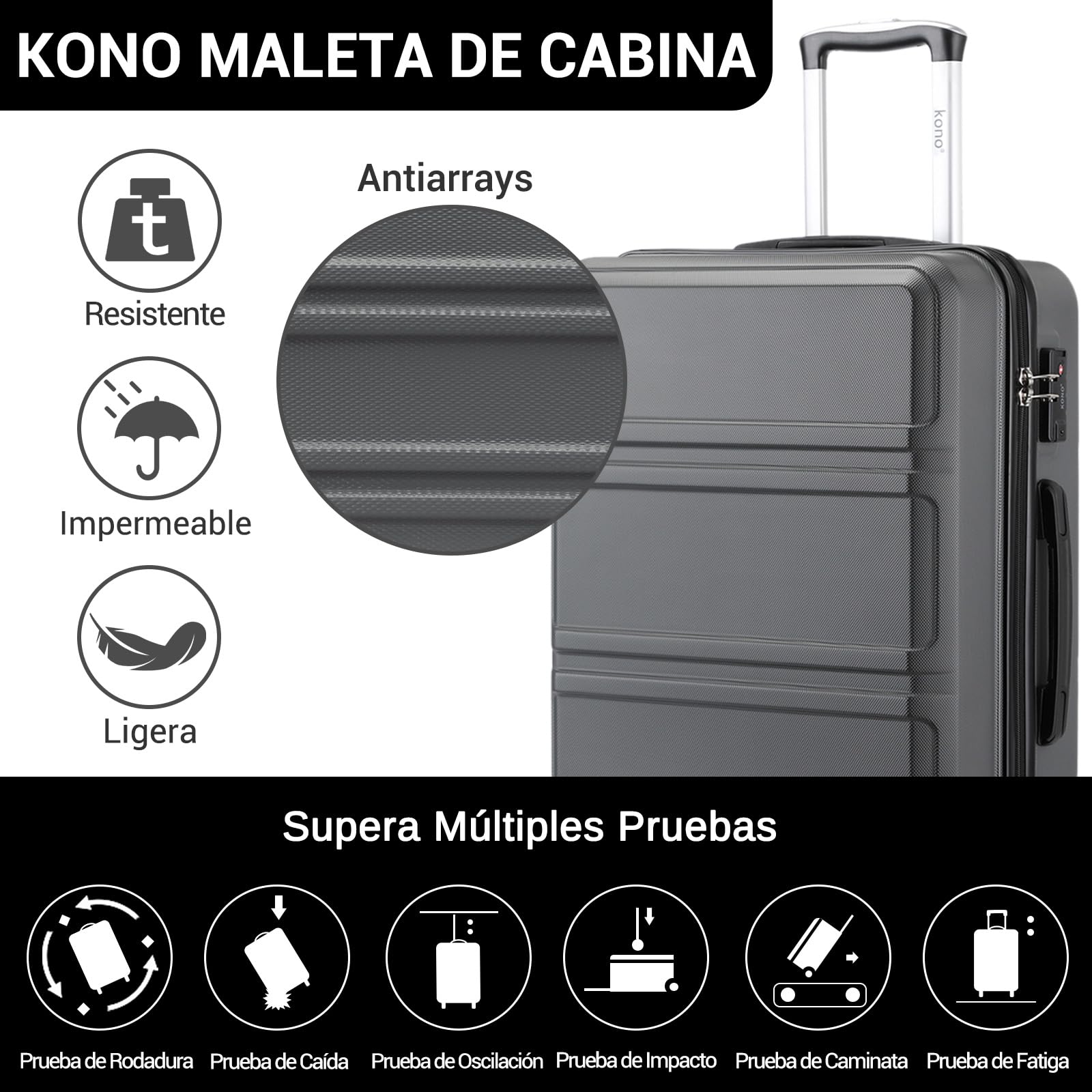 Kono Maletas de Viaje Mediana 65cm, Equipaje Facturado, Gris | ABS+PC Ligera, Textura Antiarayaduras, 4 Ruedas TPE 360°, Cerradura TSA, Mango 3 Alturas, Organización Interior
