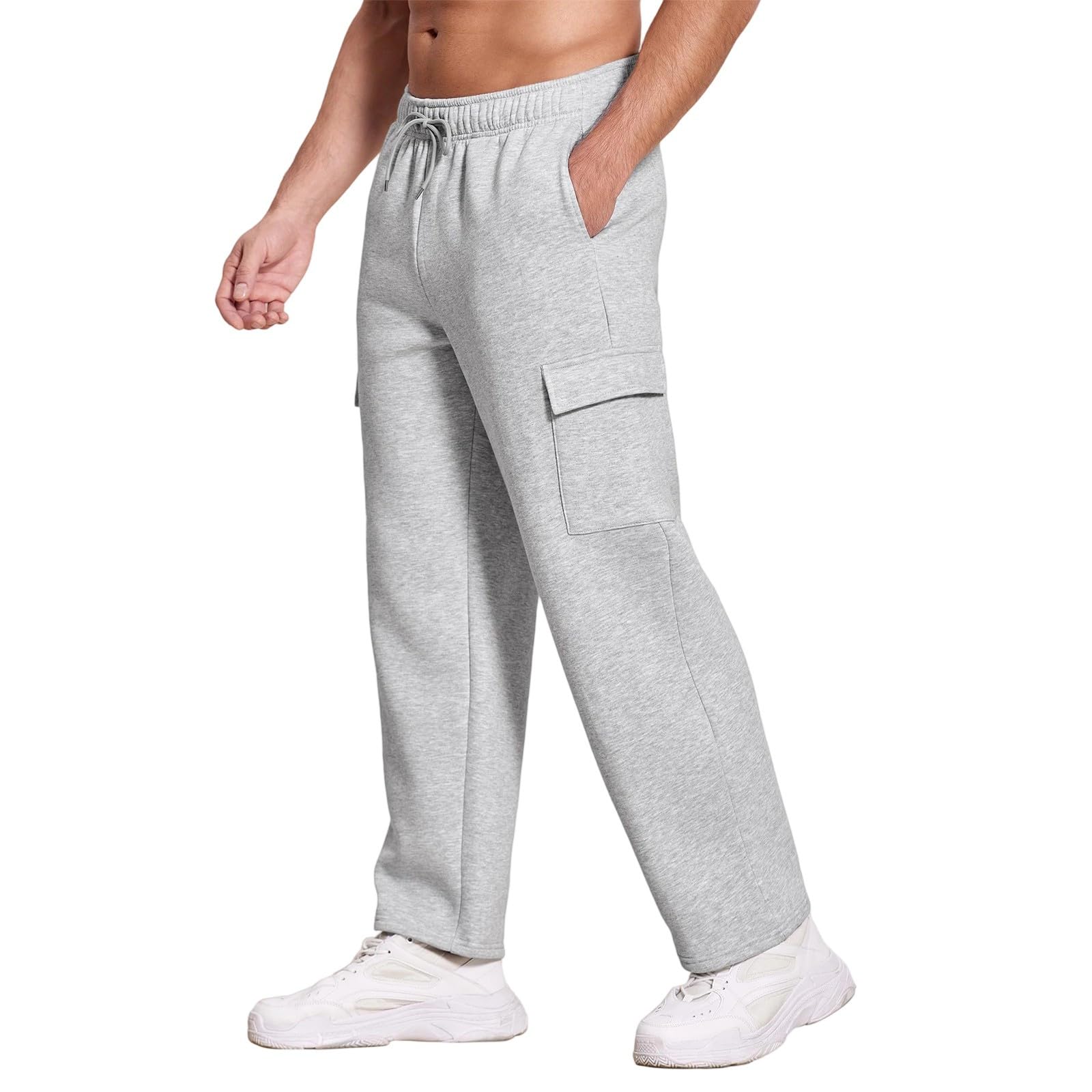 Uncuffed Sweatpants Men Big and Tall Cargo Sweatpants Drawstring Elastic Waist Wide Leg Sweatpants with Pockets