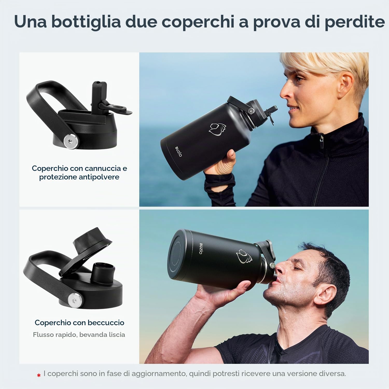 BUZIO Borraccia in acciaio inox 2L, isolamento sottovuoto, 48h freddo, senza BPA, doppia parete, per sport outdoor, escursionismo e ciclismo, Nero