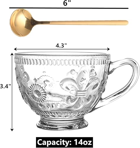Miniatura 2 de Peohud Paquete de 4 tazas de café de vidrio, tazas de café vintage de 14 onzas con cucharas, tazas de té transparentes en relieve con asa para