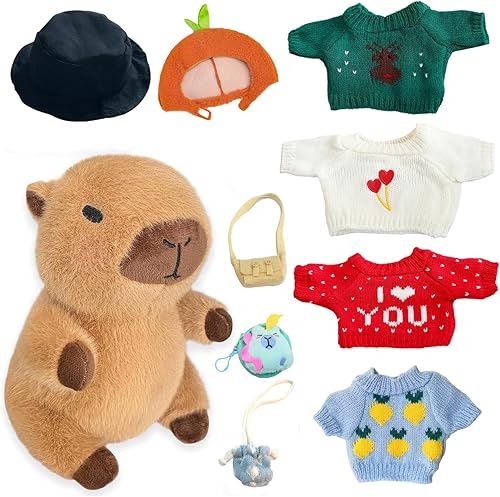 Capybara - 10 piezas de peluche de Capybara de peluche con 9 prendas y accesorios, súper suave, para niños y niñas, 10.2 pulgadas
