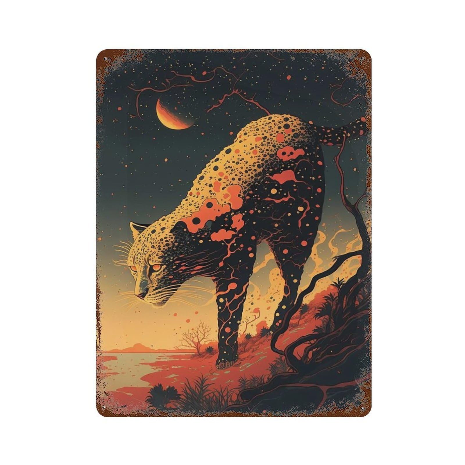 Leopard Cheetah Jaguars 15.7"x11.8" Rust Effect Tin Sign, Rustic Home Decor for Office, Studio And Wall Decor
