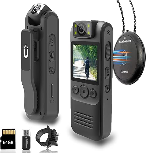 Body Camera with Audio and Video Recording, 1080P HD 64GB Storage, Magnetic Lanyard, 180° Rotating Lens, 1.4" Display Portable Wearable Cam for Law Enforcement, Outdoor Activities, Riding, Hiking
