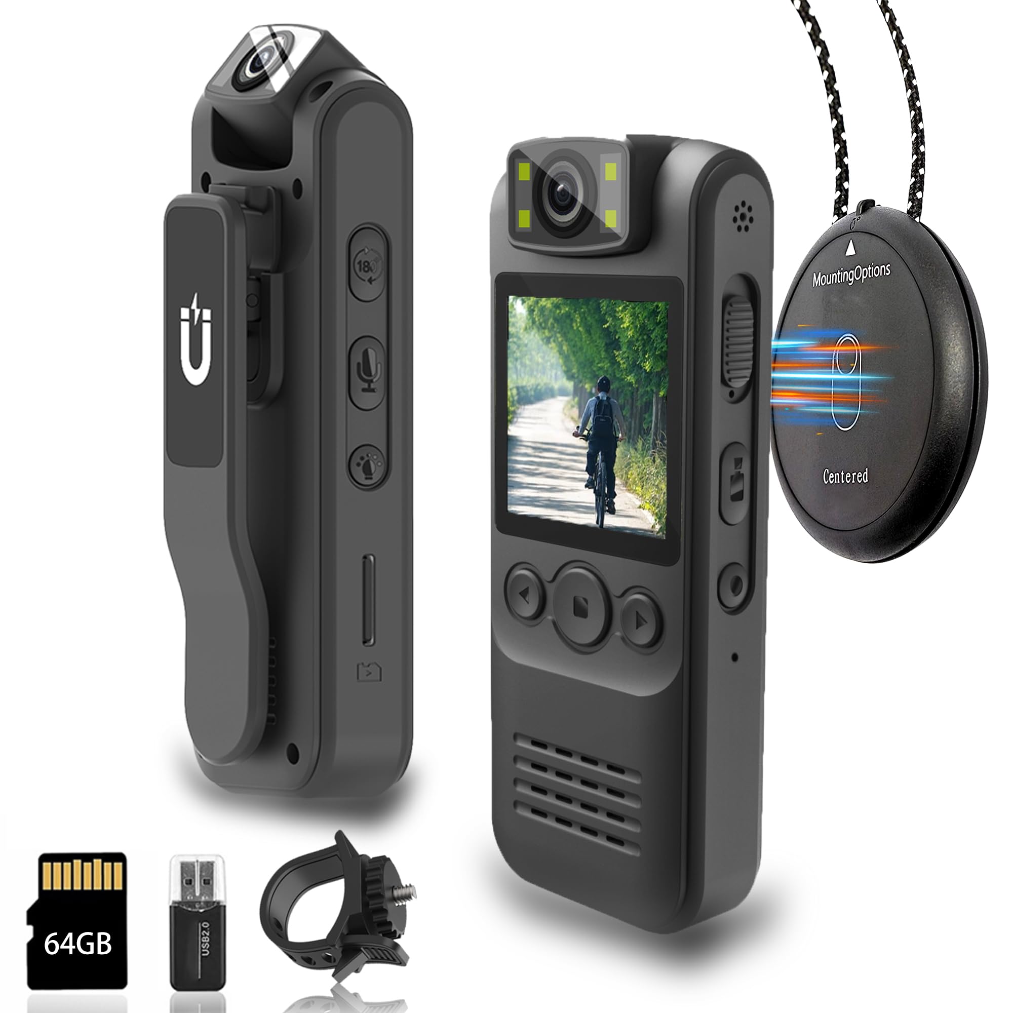 Body Camera with Audio and Video Recording, 1080P HD 64GB Storage, Magnetic Lanyard, 180° Rotating Lens, 1.4" Display Portable Wearable Cam for Law