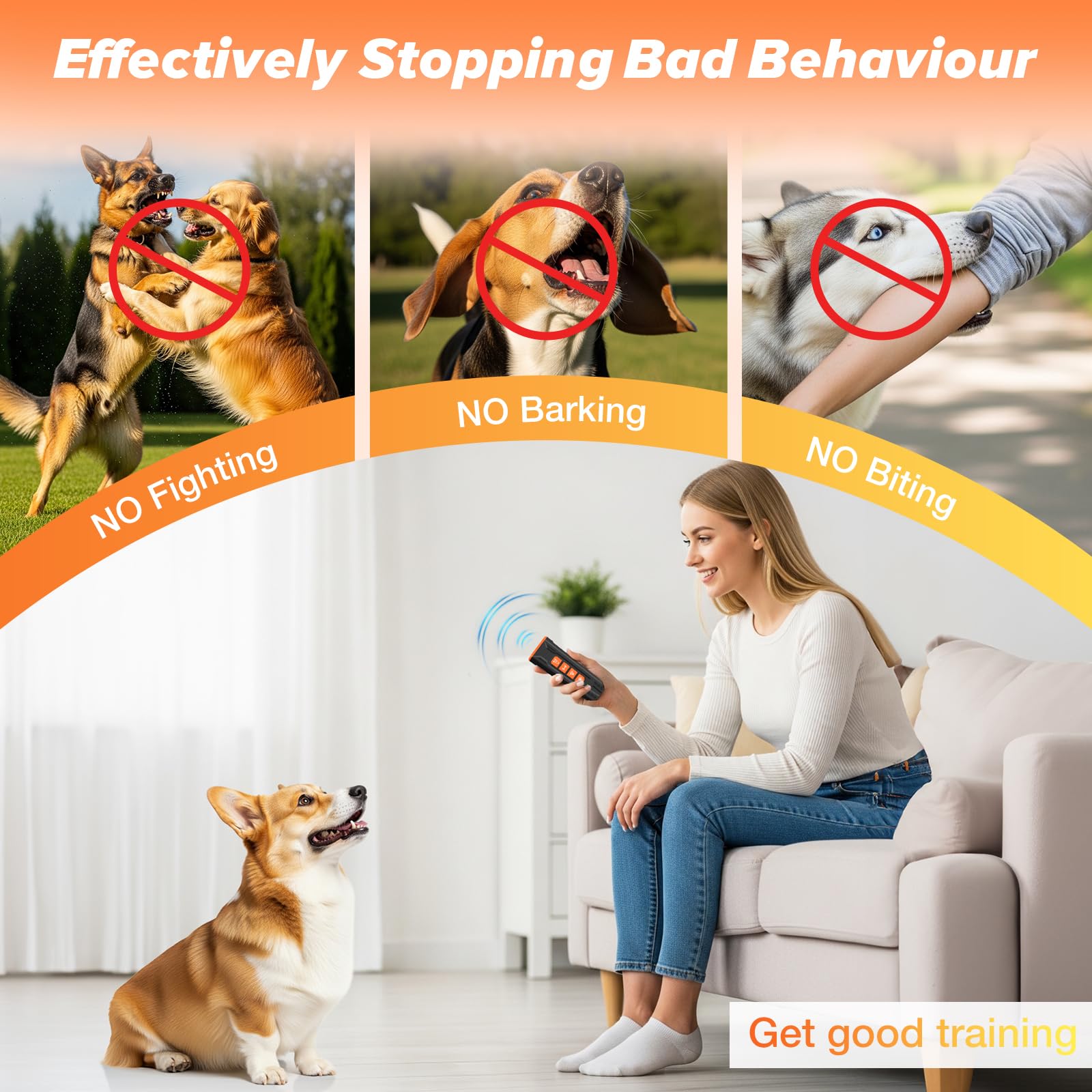 Dispositif anti-aboiement pour chiens – Dissuasion à ultrasons avec 4 modes humains portée de 7,9 m pour la plupart des chiens, rechargeable et sûr pour l'entraînement et le comportement pour
