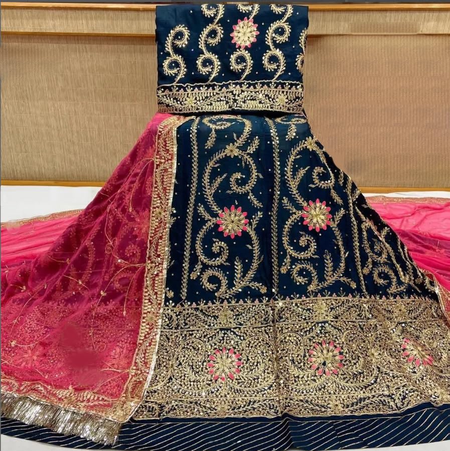Image of Heavy Embroidery Work Semi Stitched Shimmer Silk Rajputi Poshak For Women Rajasthani Lehenga Choli