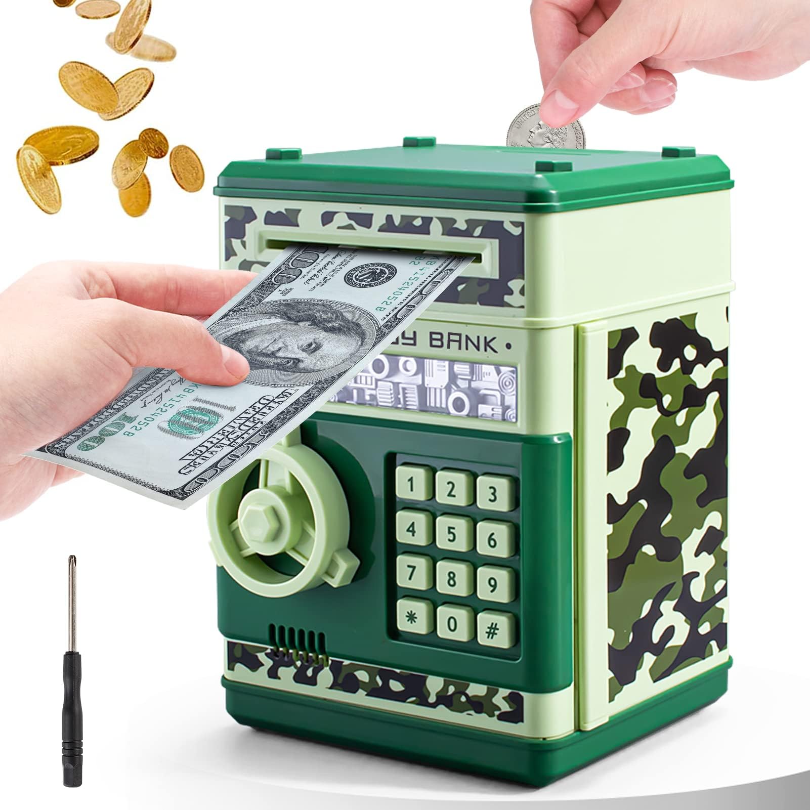 Boys Girls Money Bank, PhilaeEC Electronic Piggy Banks, Great Gift for Kids & Teenage, Auto Scroll Paper Money Saving Box Password Coin Bank, Perfect Lock Case Toy for Children (Camouflage Green)