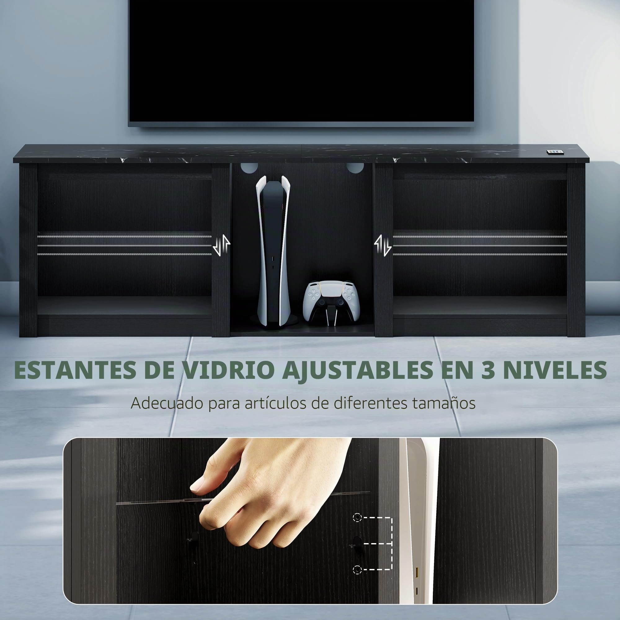 HOMCOM Soporte de TV LED RGB Banco de Madera para TV de hasta 65" con Estantes de Cristal Ajustables, 5 Nichos, Gestión de Cables y Mando a Distancia para Salón, Dormitorio, Negro, 160 x 35 x 53 cm
