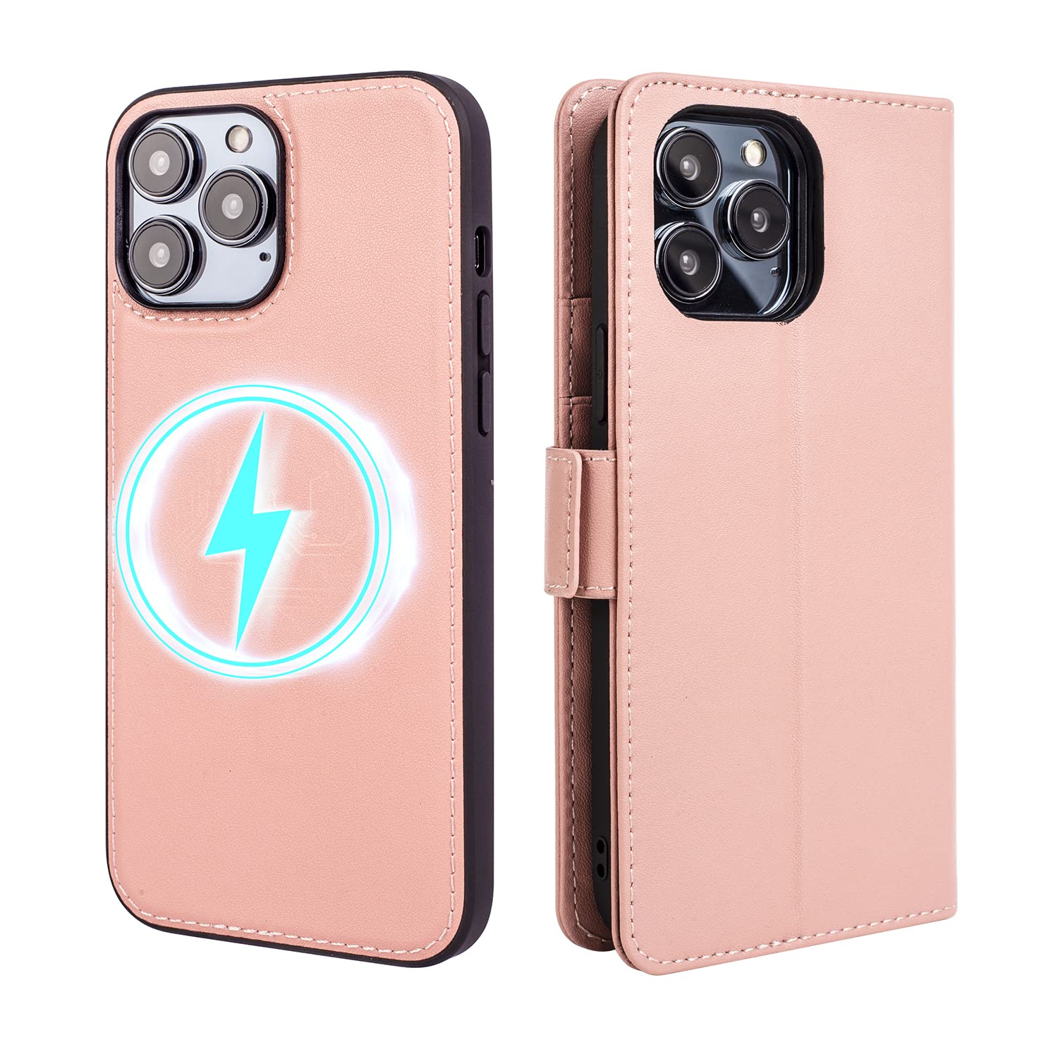 NZN iPhone 13 Pro Max Wallet Case,Genuine Leather,Case with Card Holder,2-in-1 Flip Cell Phone Case for Women and Men,TPU Inner Shell with MagSafe,Folio Cover (6.7 Inches)-Pink