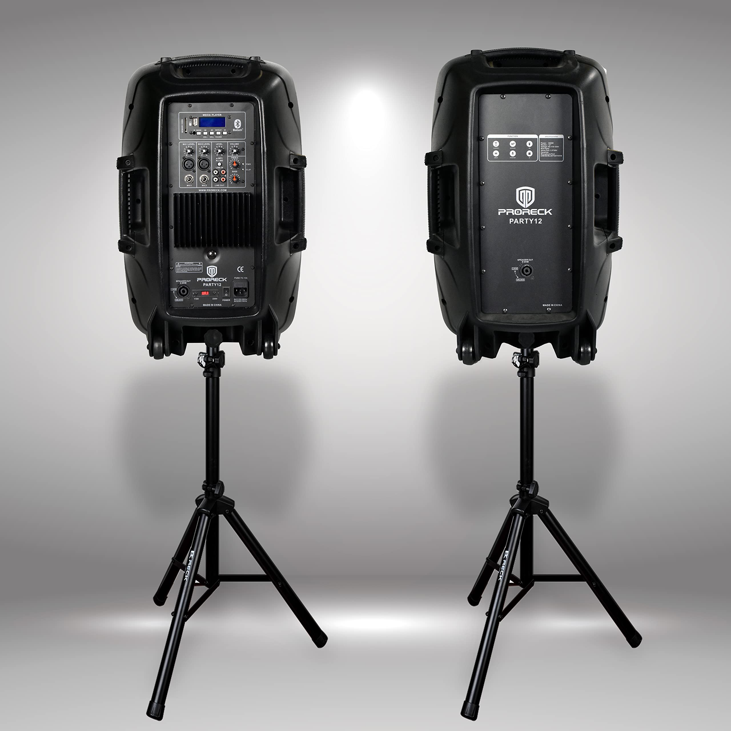 PRORECK Party 12 12-Zoll-2-Wege-Aktiv-PA-Lautsprechersystem-Kombiset mit 1000 Watt, Bluetooth/USB-Laufwerk-Lesefunktion/SD-Kartenleser/FM-Radio/Lautsprecherständer