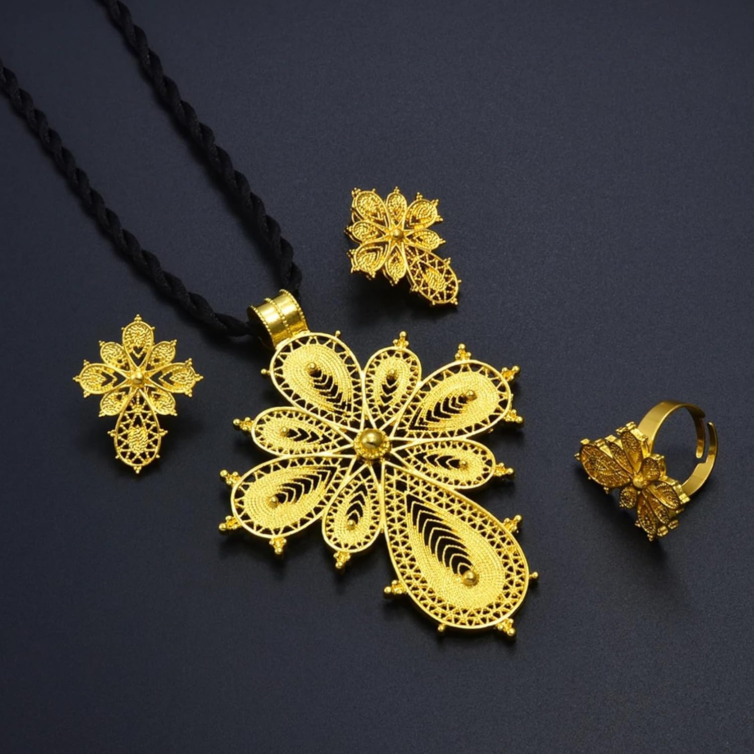 Ethiopian Jewelry for Women Set Ethiopian Eritrean Jewelry Set for Women Ethiopian Cross Jewelry Sets Necklace Earrings Ring African Eritrean Wedding Accessories