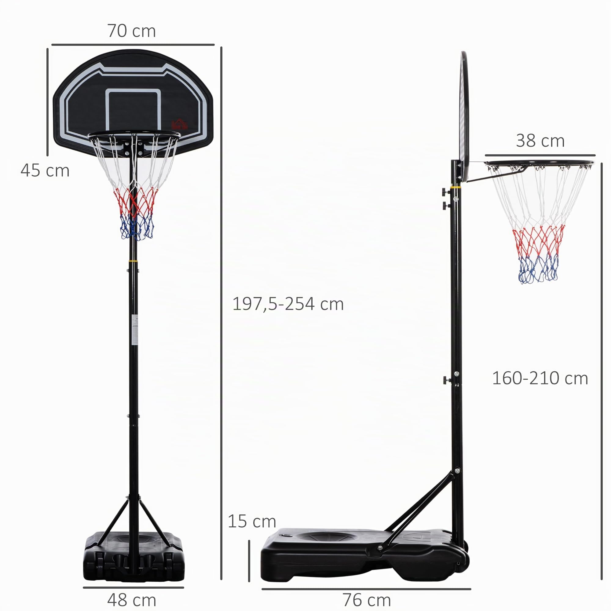 HOMCOM Panier de Basket Extérieur Réglable Base Stable 197,5-254 cm Noir | Panier de Basket sur Pied à Roulettes, Base Remplissable d'Eau ou de Sable, pour Juniors et Adultes