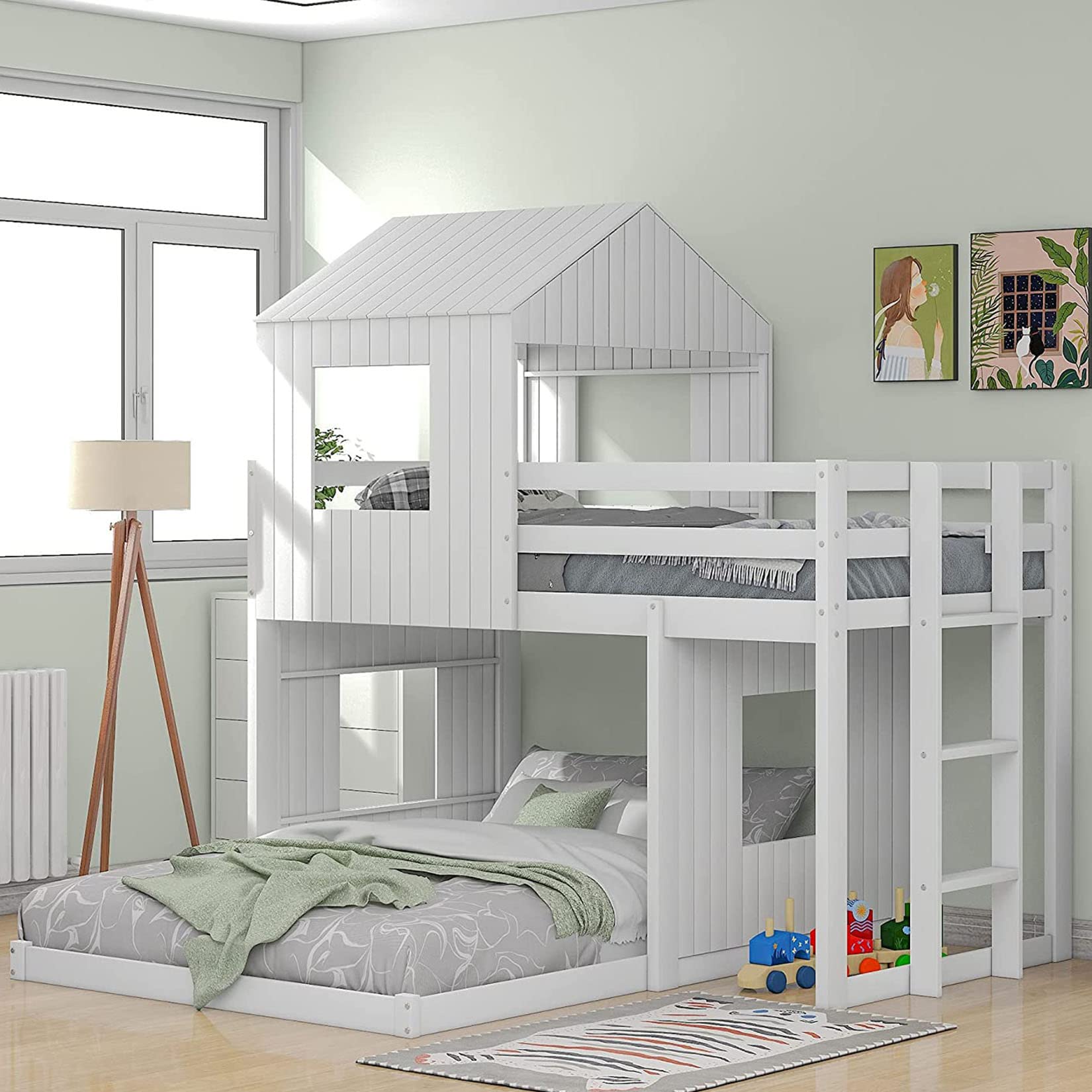 Harper & Bright Designs Twin Over Full Wood Bunk Bed Frame, House Bunk Bed with Roof and Guardrails for Kids, Boys, Girls (White)