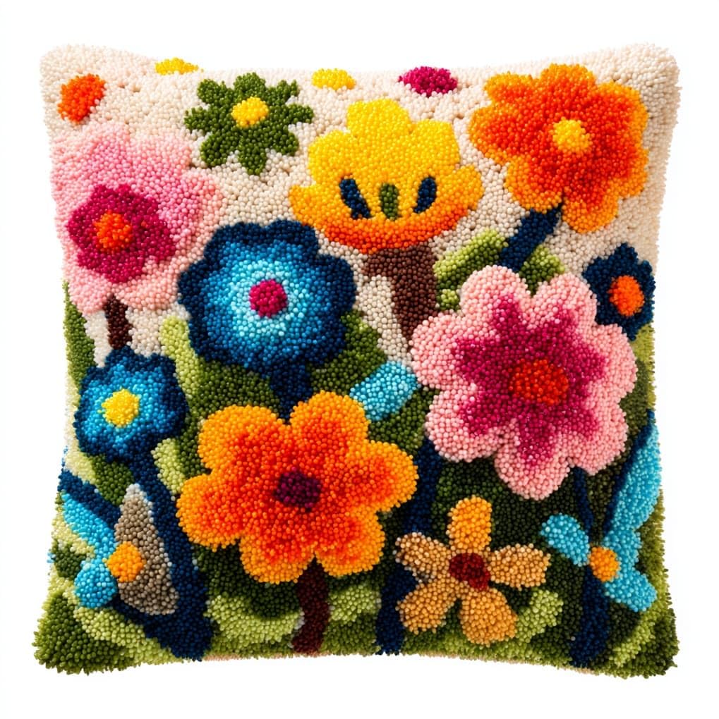 WallustrioaW Latch Hook Kits Pillow for Adults,Colorful Flowers,Latch Hook Kit Cushion,Embroidery DIY Needlework Pillow Cover,17x17in