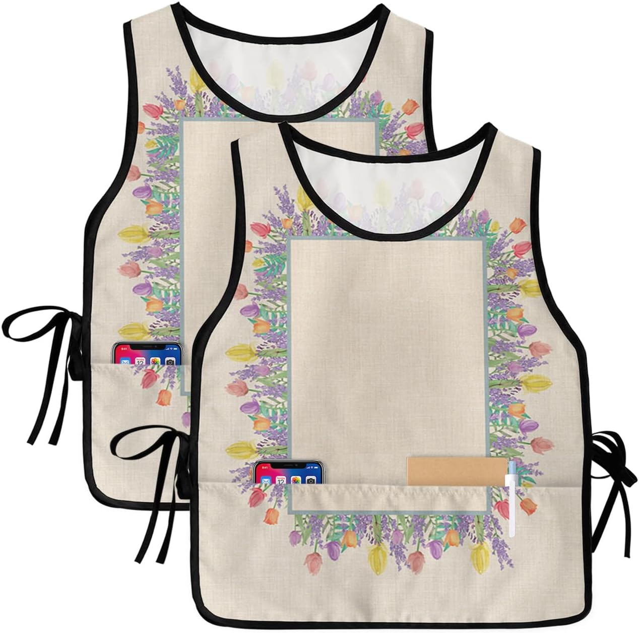 Flower Watercolor Cobbler Aprons with 2 Pockets for Women Men, Summer Pink Red White Floral Green Leaf