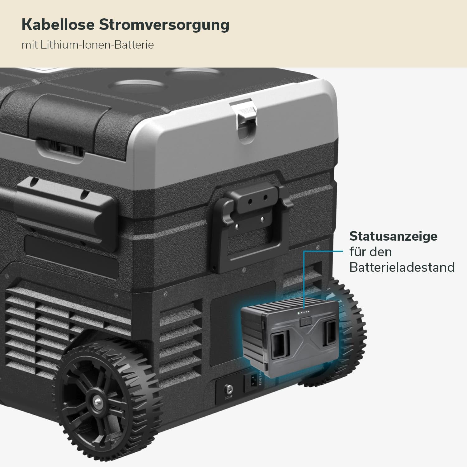 Skandika Routa Batterie | 15.600 mAh Akku, kabellose Auto Gefrierbox mit Akku, kompatibel mit Allen Kompressor Kühlboxen Routa, Statusanzeige, DC 12/24V, AC 100-240V