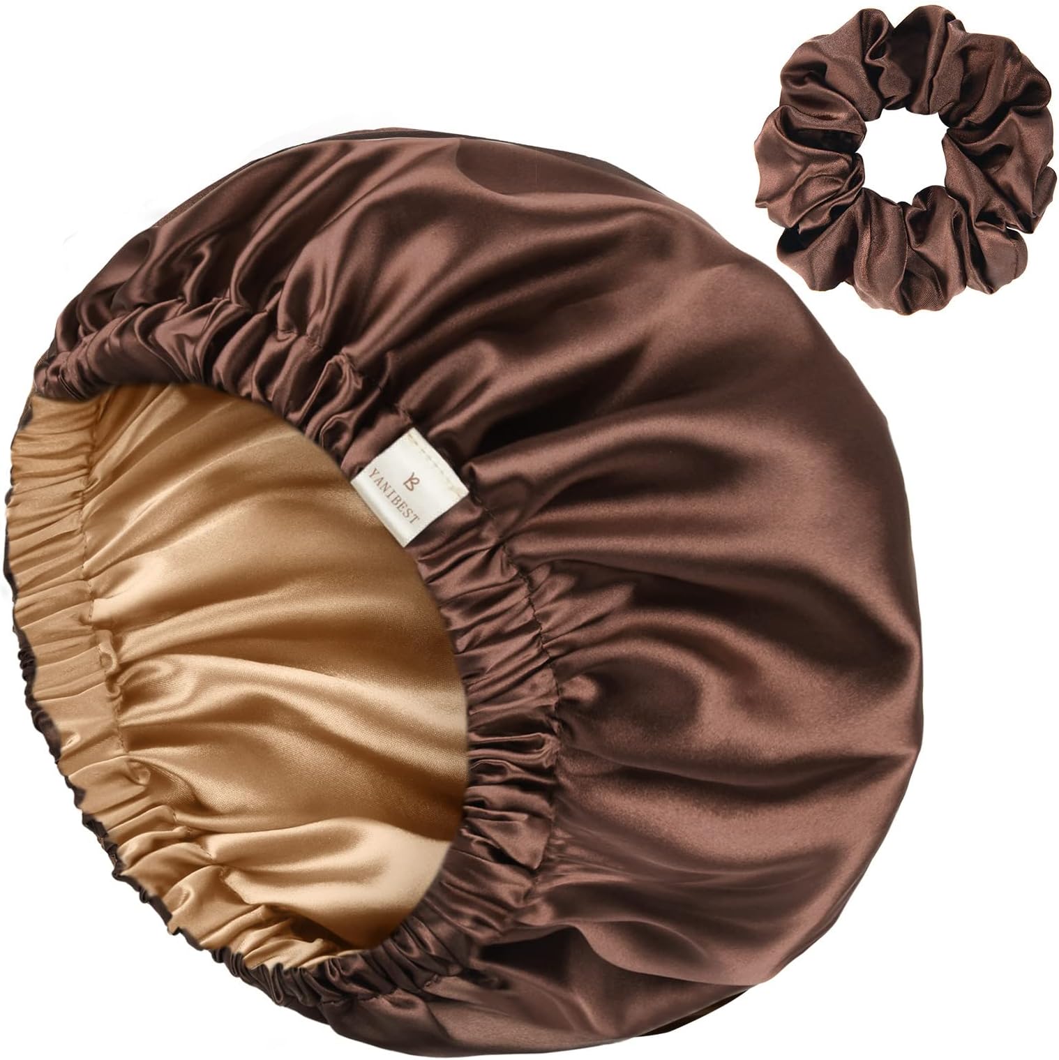Adjustable Satin Bonnet Double Layer Hair Bonnet for Sleeping Bonnets for Women Hats Curly Natural Hair, Brown