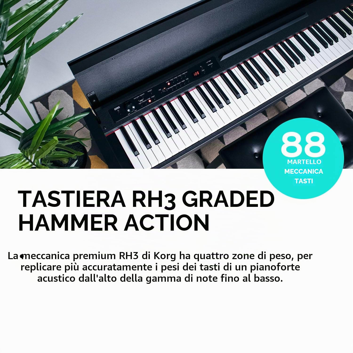 KORG - LP-380-RW U KORG - LP-380-BK U, Pianoforte Digitale, Tastiera 88 Tasti RH3 (Real Weighted Hammer Action 3),3 Curve di Dinamica, generatore Stereo PCM con Polifonia 120 Voci, 30 Timbri