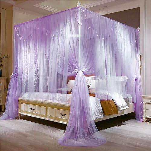 Miniatura 2 de VETHIN Cortina de cama de princesa de 4 esquinas, doble capa, acogedora red mosquitera de 4 aperturas para niñas y adultos, accesorios de decoración