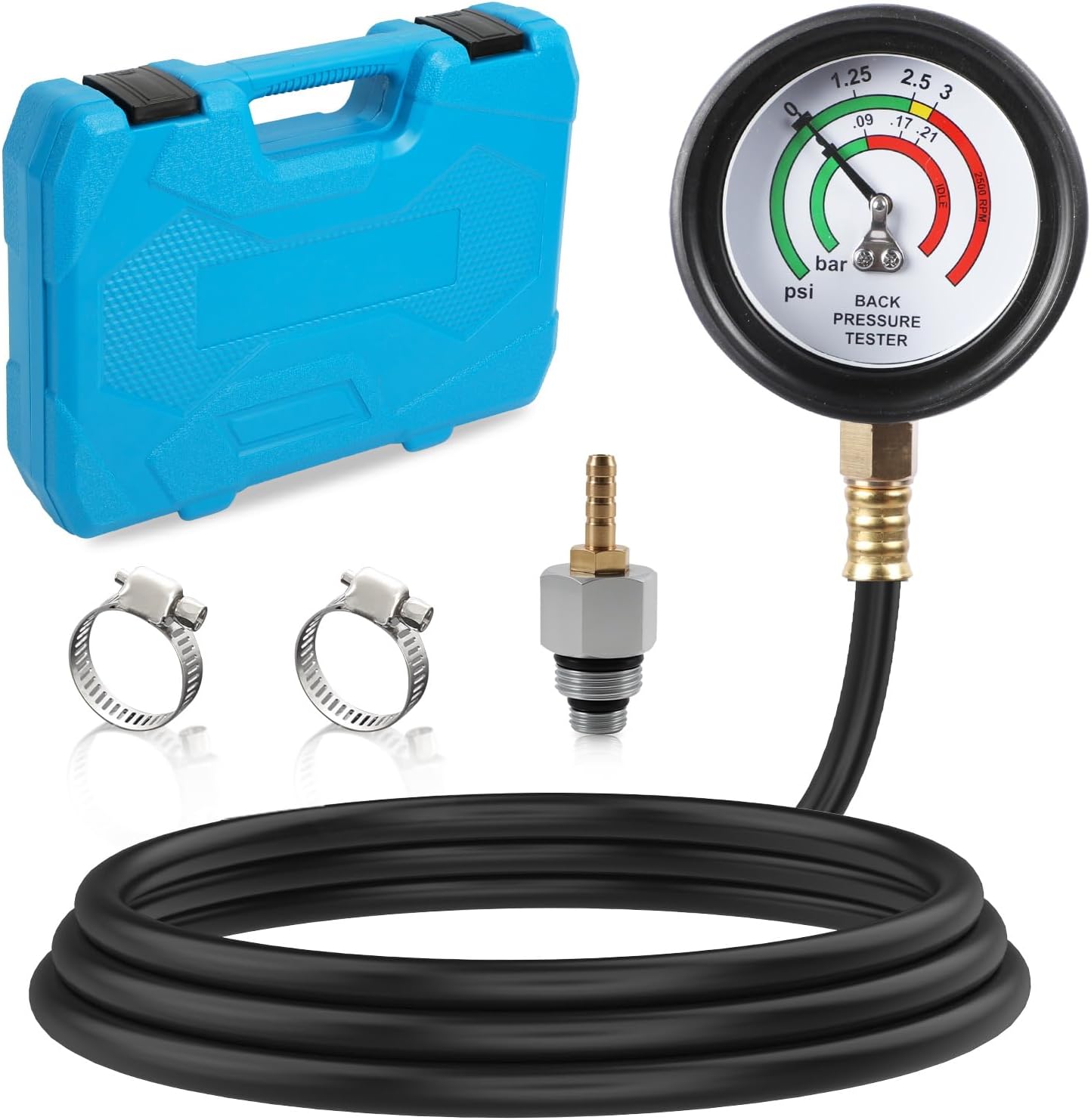 Exhaust Back Pressure Tester Gauge Kit with Case and M12 ＆ M18 Adapter, Car Diagnostic Tool with 6-Foot Hose & 2 Hose Clamps, for Car/Truck/Motorcycle