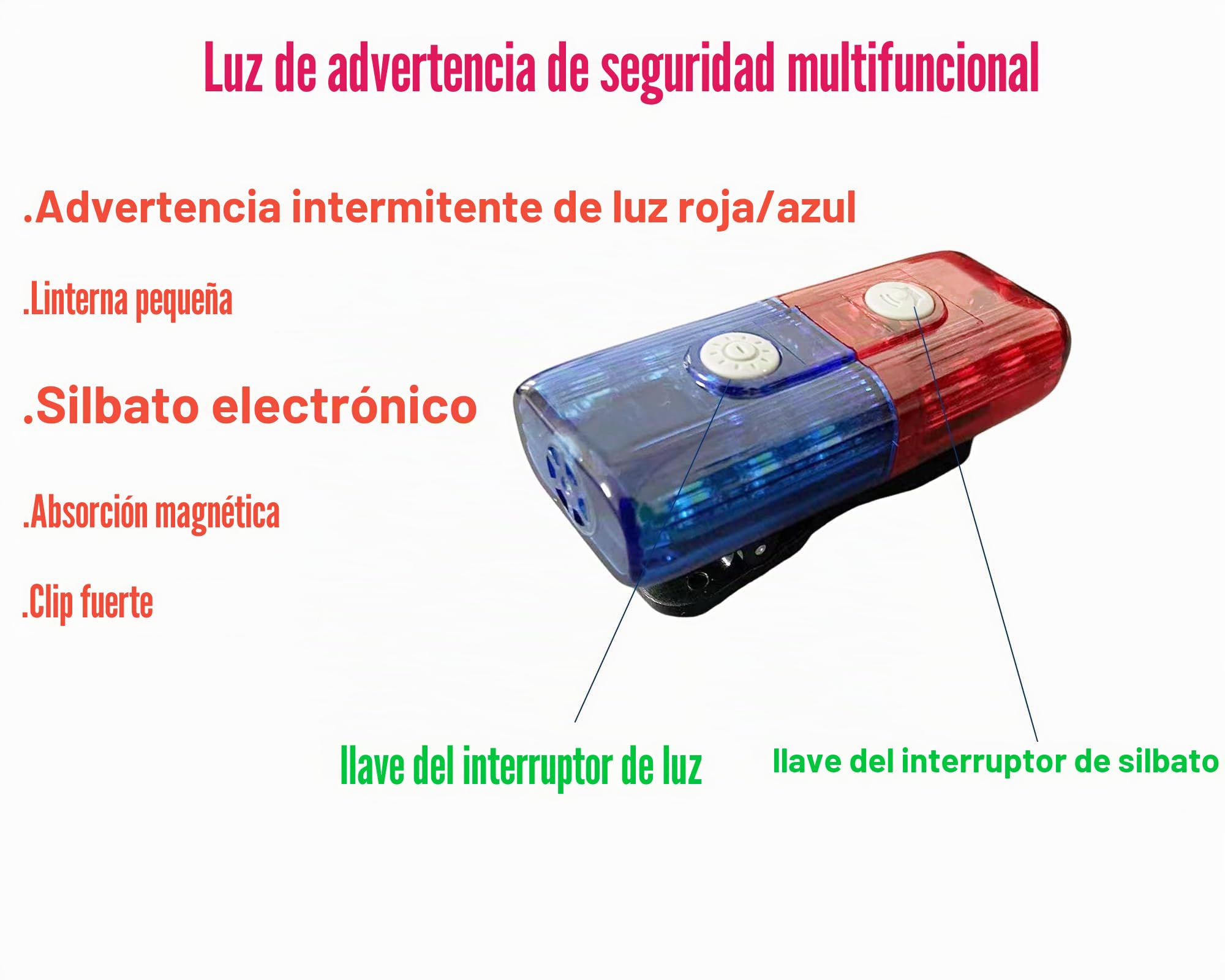 Luz Estroboscópica de Advertencia de Policía, Imán de Silbato Electrónico, Luz LED de Seguridad Recargable, Lámpara de Clip de Seguridad Intermitente con Linterna, Regalo para Niños