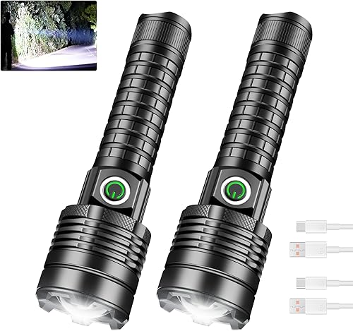 Miniatura 1 de Paquete de 2 linternas LED recargables de alto lúmenes, luz de flash súper brillante con baterías, 3 modos, linterna de mano para camping,