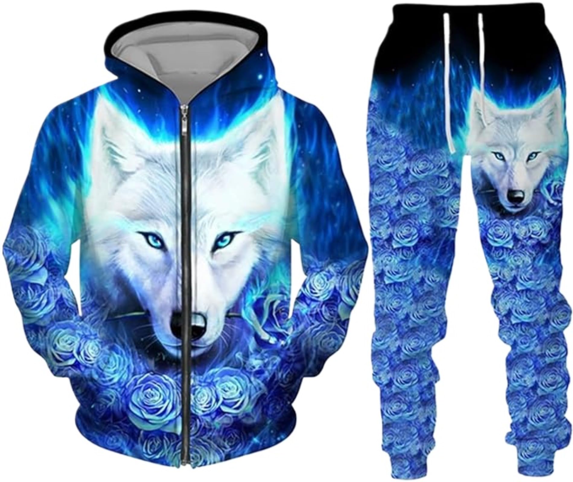 hiegi Wolf Jogging Suit Sports Suit Men's Hoodie Set 3D Wolf Hoodie + Jogging Pants Men's Sweatshirt Trousers, 3XL