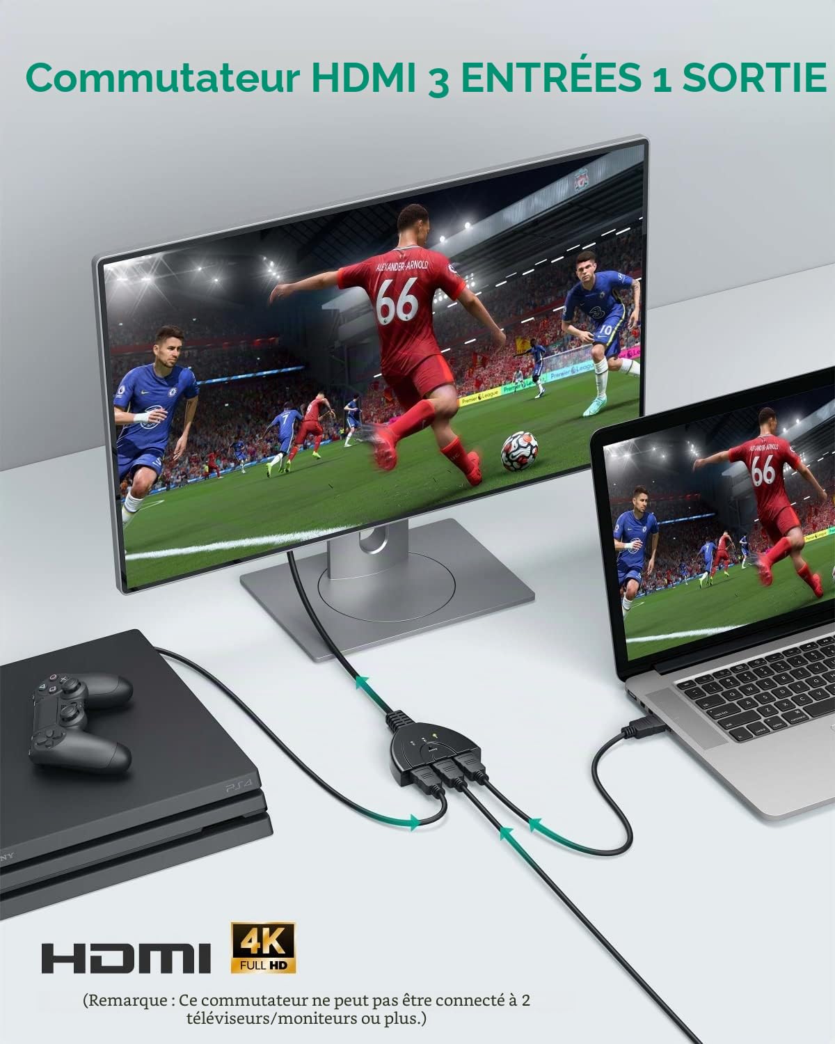 GANA HDMI Switch 3 en 1, 3 Ports Commutateur HDMI Sélecteur Splitter Manuel, Full HD 4K 3D