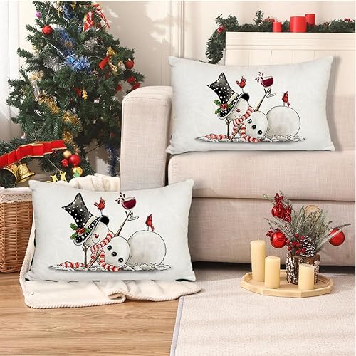 Miniatura 7 de RABUSOFA Fundas de almohada de Navidad de 12 x 20 pulgadas, fundas de almohada de muñeco de nieve con letrero de alegría, fundas de cojín de