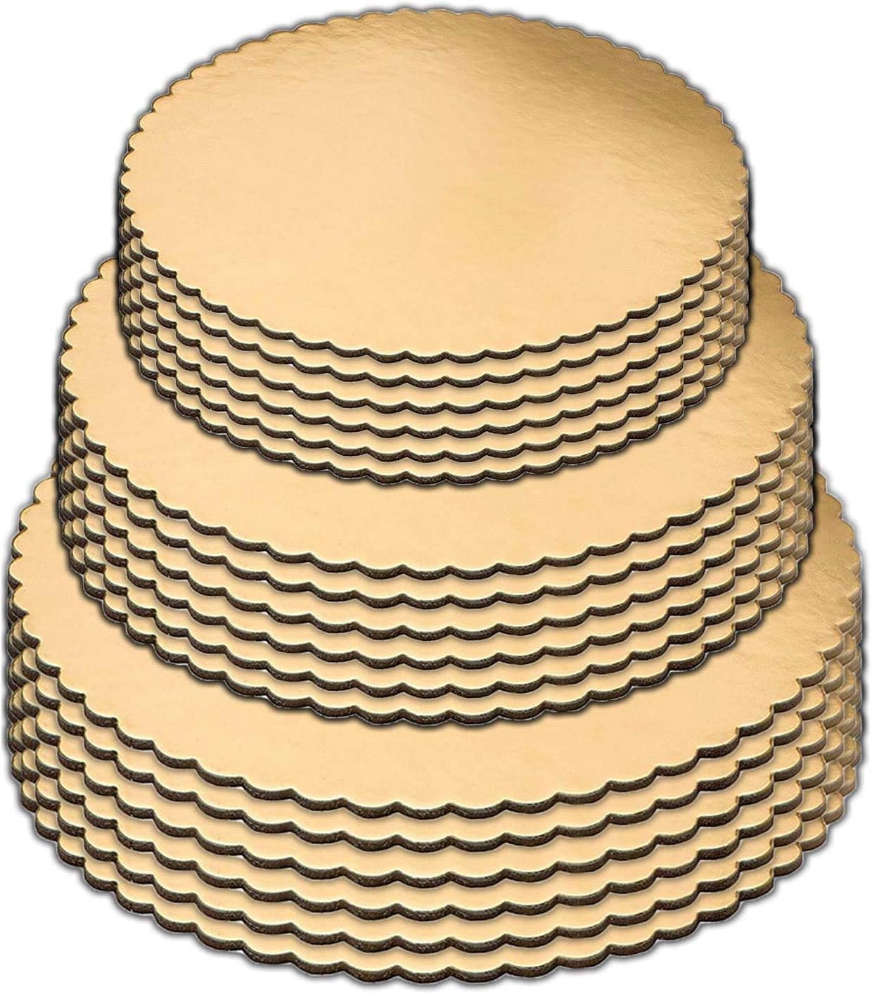 Cake Boards set of 18, Gold, Cake Boards 6 inch, Cake Boards 8 inch, and Cake Boards 10 Inch, 6 of each, Laminated, Scalloped Edges, Cake Board, Cake Base, Cardboard Cake Rounds, Cake Circles.