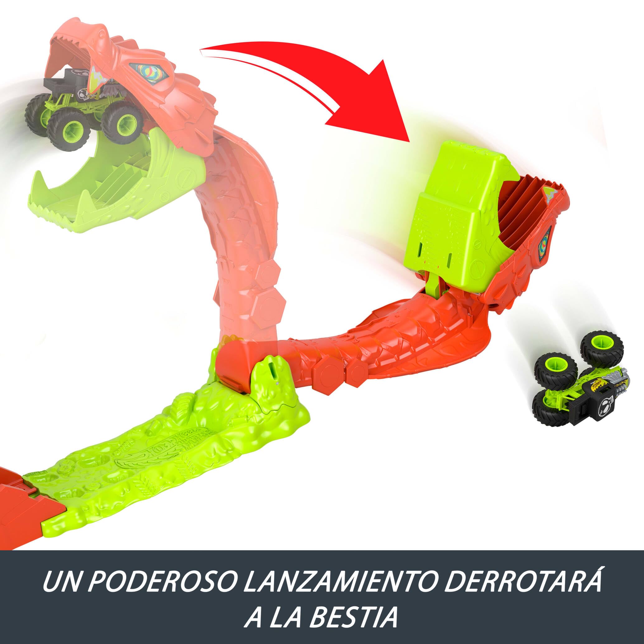 Hot Wheels Monster Trucks Derriba a la Serpiente, Conjunto de Juego de Juguete, Conjunto de Pista con vehículo de Juguete Bone Shaker Exclusivo a Escala 1:64, Incluye Pista, JJN44