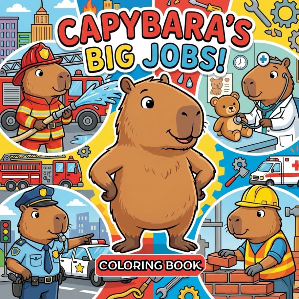 Capybara’s Big Jobs: Cute Coloring Book for Kids: 50 Bold & Easy Coloring Pages Featuring Fun Jobs and Careers – Kawaii Style for Kids Ages 5+