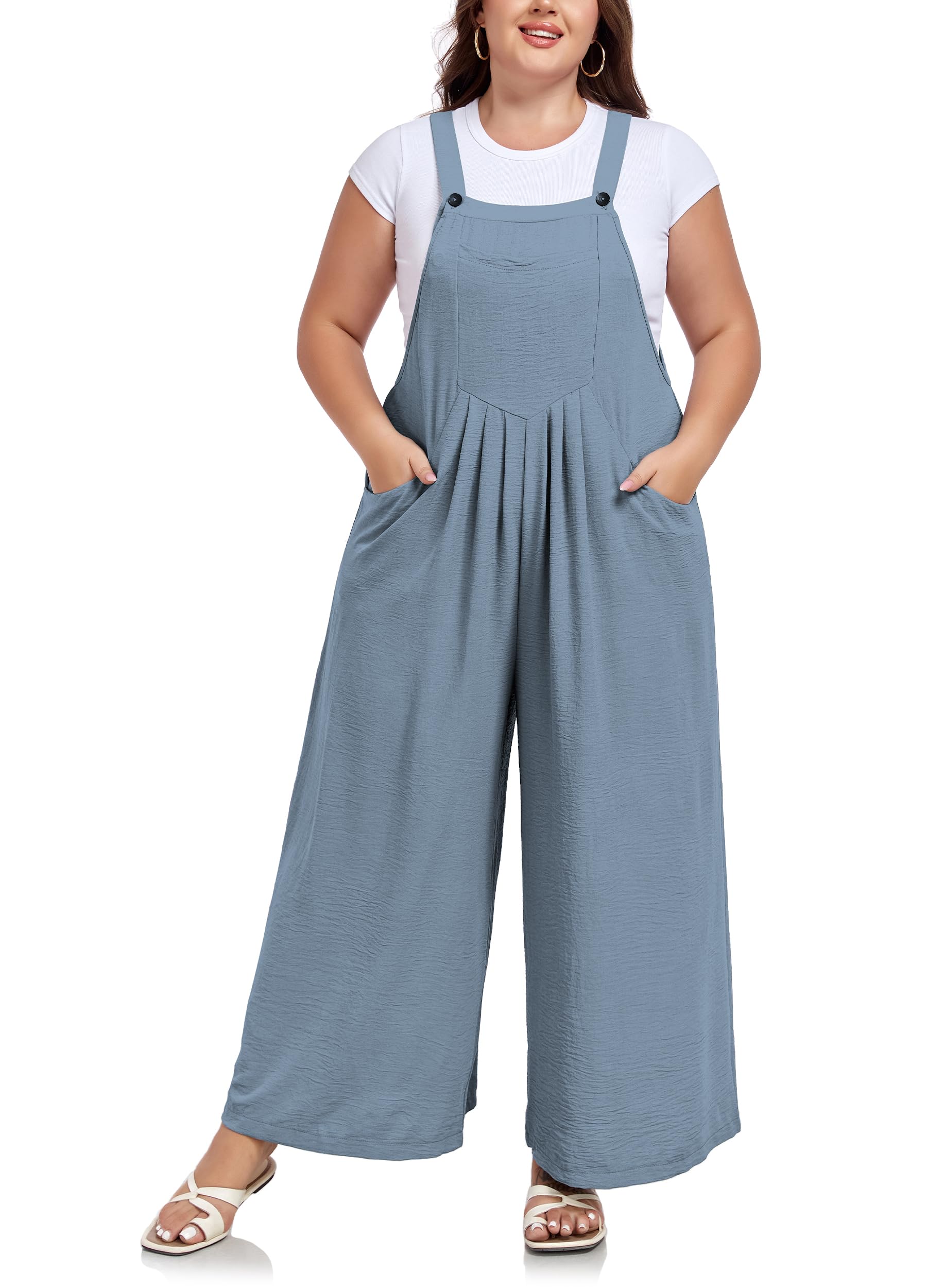 Moon Wood Plus Size Overalls for Women Loose Fit Bib Rompers Adjustable Straps Wide Leg Jumpsuits with Pockets