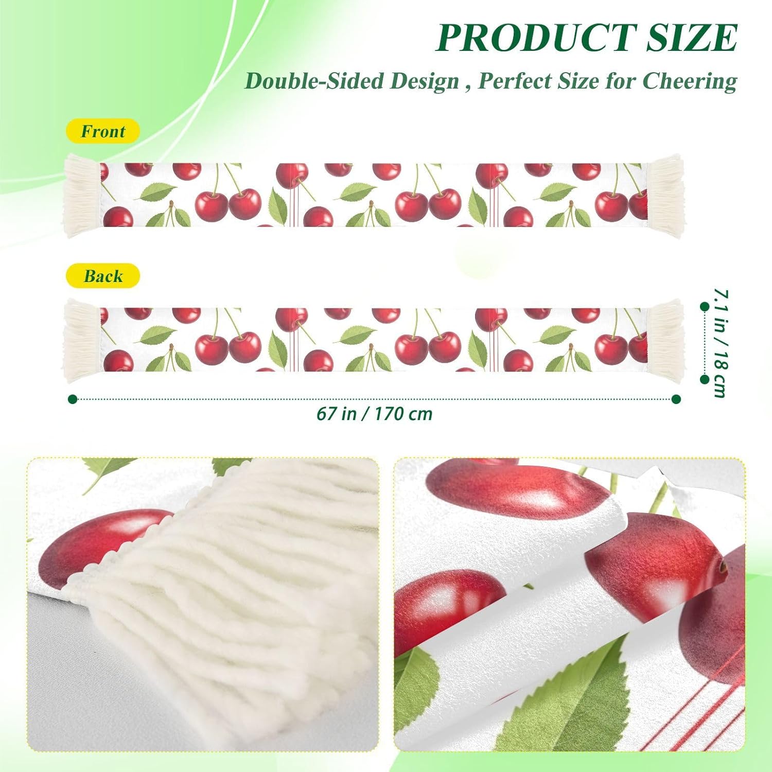 CHIFIGNO Red Cherry White Quick Dry Absorbent Sweat Scarf for Sports Fans, Soft Polyester Soccer Scarf with Fringe for Cheering and Games