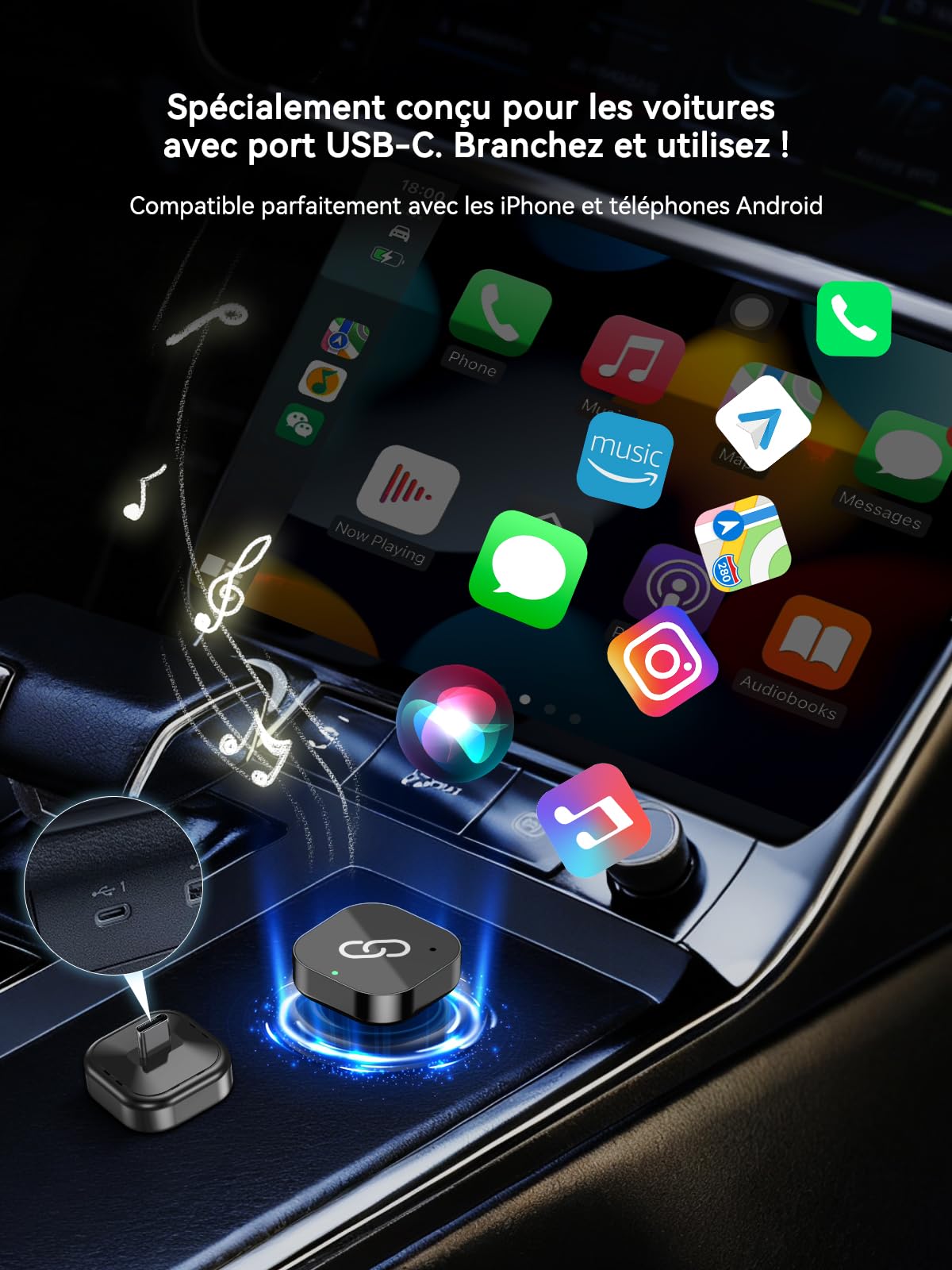 Spedal Adaptateur CarPlay/Android Auto sans Fil USB-C 5.8 Ghz Bluettoth 5.4, Plug & Play, Compatible Voitures 2016+ (Systeme OEM), Connexion Automatique Stable Rapide (USB-C)
